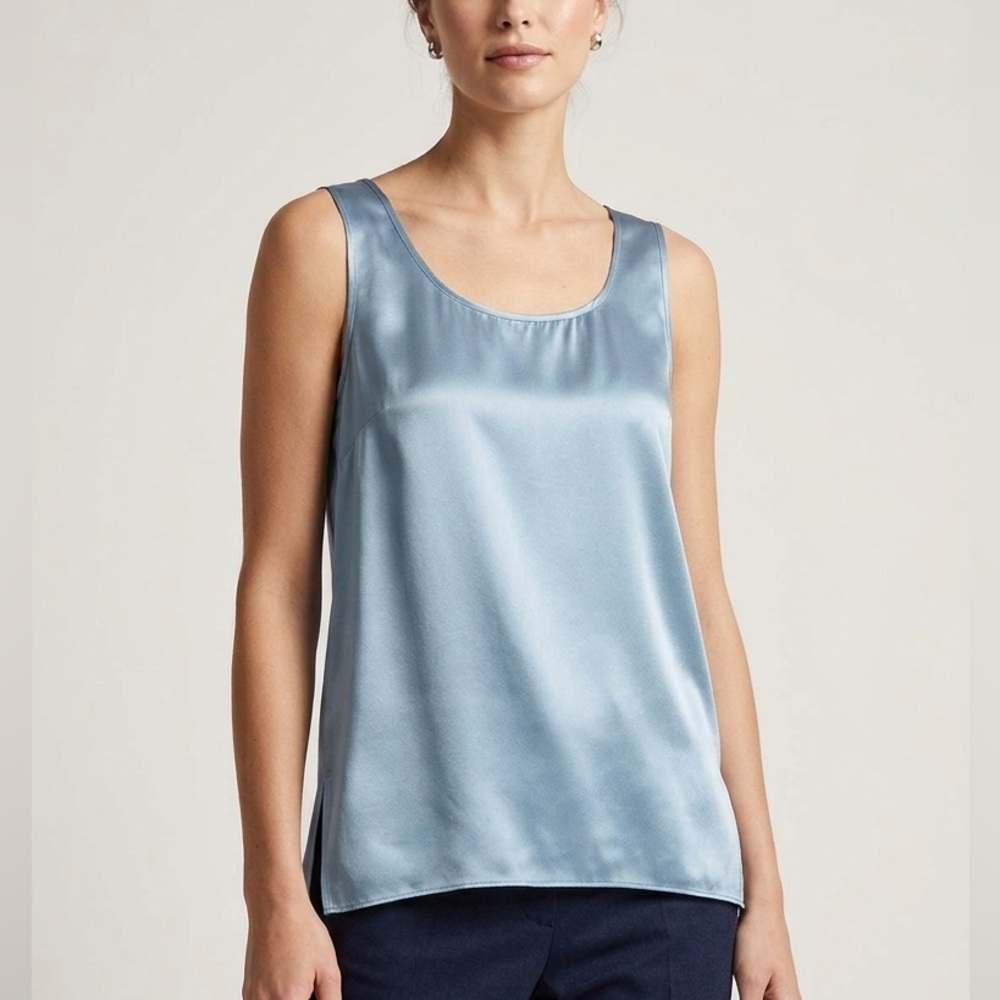 Talbots Silk Blouse Blue Sleeveless Sateen Top Side Slit Lightweight Size 10 NEW